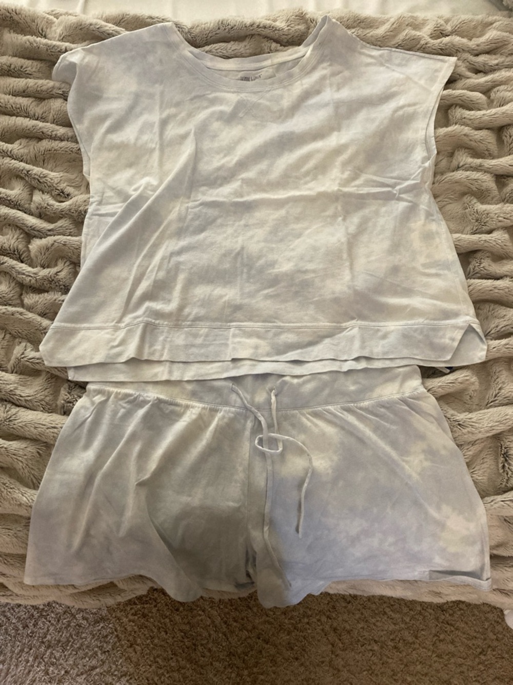 Jasmine & Ginger White and Blue Short Sleeve Top & Drawstring Shorts Sleep Set